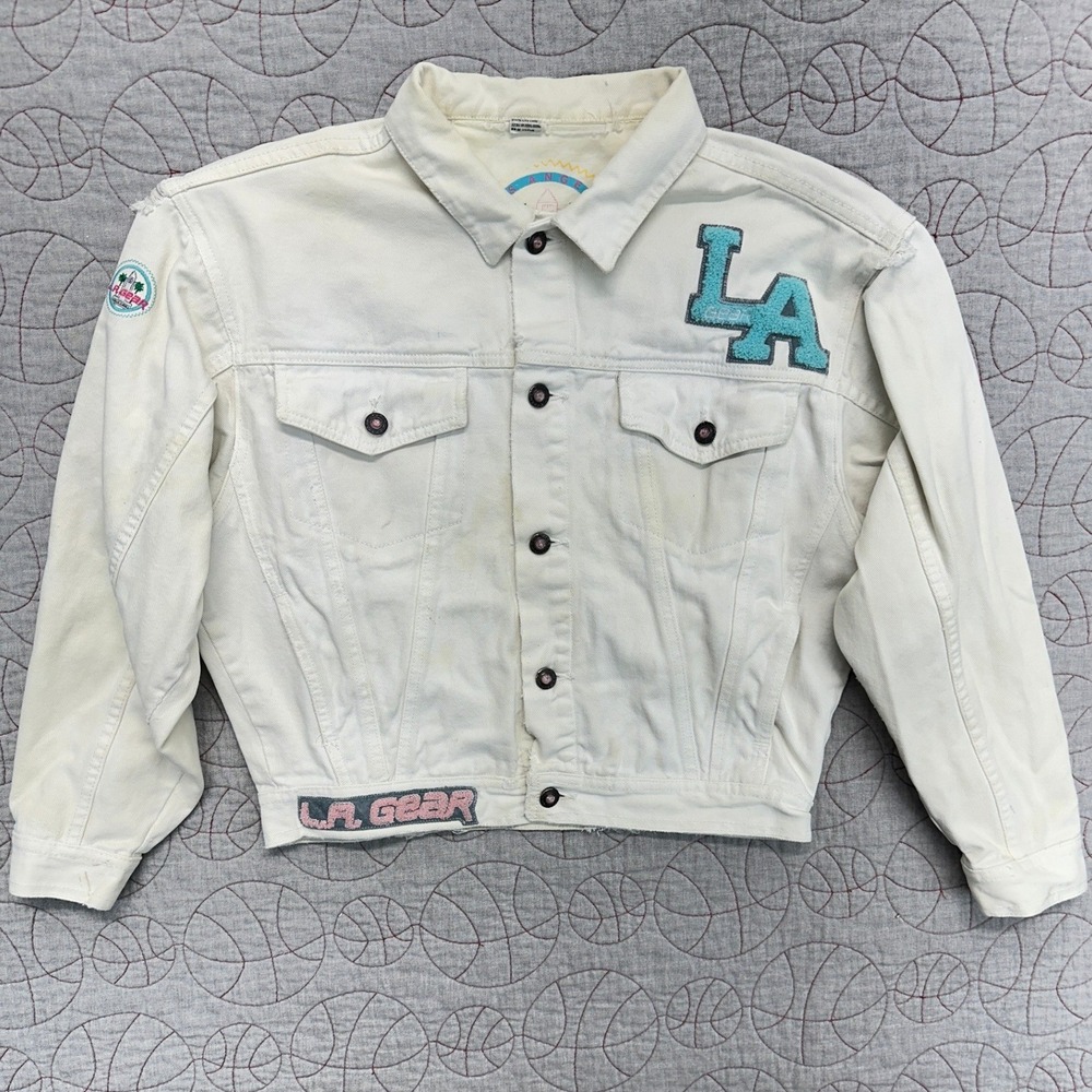 VTG 90s LA Gear Denim Jacket White Chenille‎ Patch Vintage / Womens Large